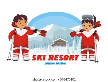 The  vector image of the skiers in the background of a winter mountain landscape.