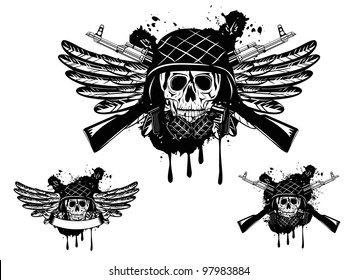 Vector image of  skull in an army helmet with  automatic machine and grenade