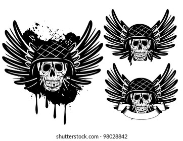 Vector image of  skull in an army helmet and wings