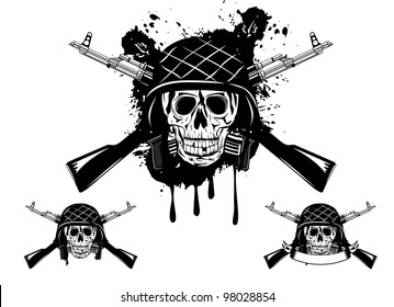 Vector image of  skull in an army helmet with  automatic machine and grenade