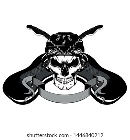 Vector image of a skull in a bandana with guitars.