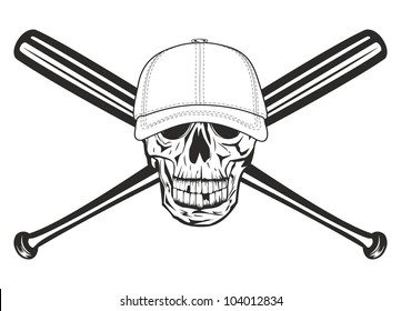The vector image skull in baseball cap and crossed bats