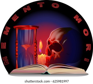 Vector image of a skull, a candle, a book, an hourglass and the inscription of Memento Mori.