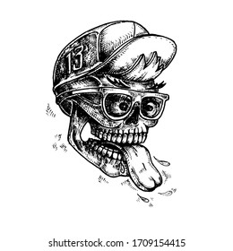 Vector image of a skull with glasses? cap and tongue sticking out