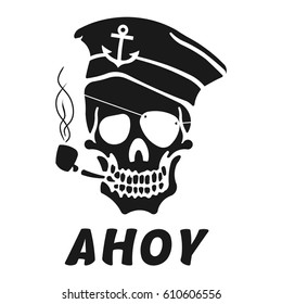 Vector image of skull captain with inscription "Ahoy" ("Hello"). Print on T-shirt