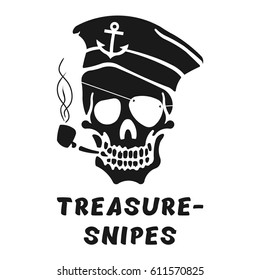 Vector image of skull captain with inscription "Treasure-snipes" (Treasure hunter, treasure seeker). Print on T-shirt