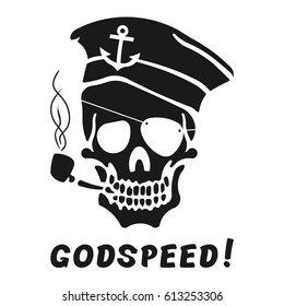 Vector image of skull captain with inscription "Godspeed!". Print on T-shirt