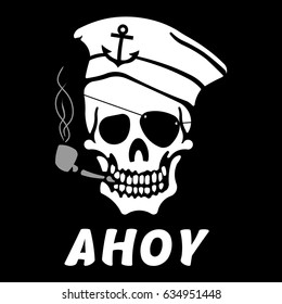 Vector image of skull captain with inscription "Ahoy" ("Hello"). Drawing for printing on a T-shirt of black color