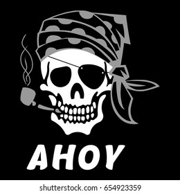 Vector image of skull captain with inscription "Ahoy" ("Hello"). Drawing for printing on a T-shirt of black color