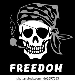 Vector image of skull captain with inscription "Freedom". Drawing for printing on a T-shirt of black color