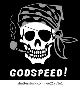 Vector image of skull captain with inscription "Godspeed!". Drawing for printing on a T-shirt of black color