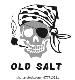 Vector image of skull captain with inscription "Old salt" (A sailor that has a great deal of experience on the seas). Print on T-shirt