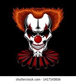 Vector image of the skull of a clown in a red jabot on a black background.