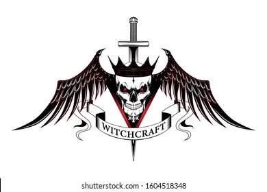 Vector image of a skull in a crown with luminous eyes, wings, a sword. Image on a white background.
