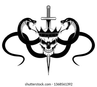 Vector image of a skull in a crown, sword, snakes. Black and white image on a white background.