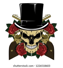 Vector image of a skull in a cylinder hat with revolvers and roses.