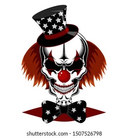 Vector image of the skull of an evil clown in a hat with stars. Image on a white background.
