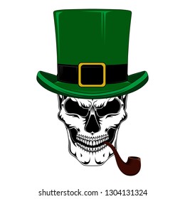 Vector image of a skull in a green hat with a smoking pipe.