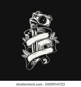 vector image of a skull hand holding a camera with a banner and leaves