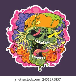 vector image of a skull with a hat, purple smoke and fire. and lightning and worms in his eyes. suitable for stickers or t-shirt designs