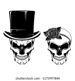 Vector image of a skull in a hat and a skull with a rose on the head.