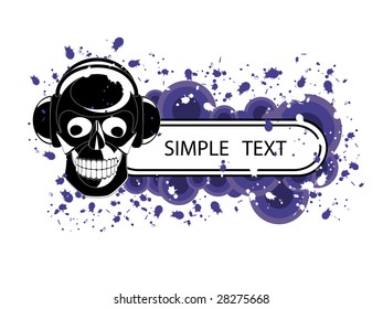 Vector image of skull with headphones and banner for sample text.