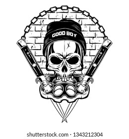 Vector image of a skull in a knitted hat against brass knuckles and flick knives. Youth underground culture. Dead head. Grange style. Illustrations for t shirt print. Good boy. Black tattoo.