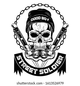 Vector image of a skull in a knitted hat against brass knuckles and flick knives. Youth underground culture. Dead head. Grange style. Illustrations for t shirt print. Black tattoo.