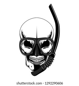 Vector image of a skull with a mask and snorkel for scuba diving.