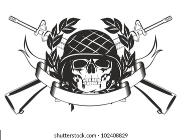 The vector image skull in the military helmet, crossed submachine gun, wreath and banner