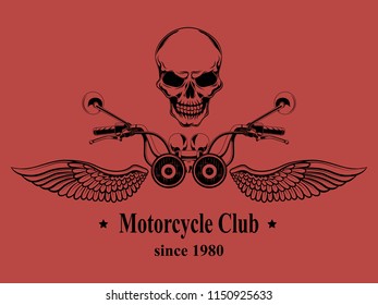 Vector image of a skull with moto rudder and wings on a red background.