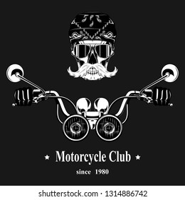 Vector image of a skull with a mustache in glasses driving a motorcycle on a gray background. Motorcycle Club.
