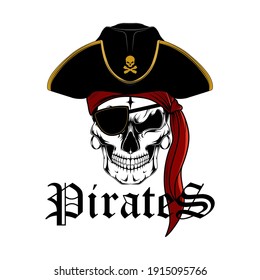 Vector image of a skull of a pirate in a cocked hat with an eye patch.