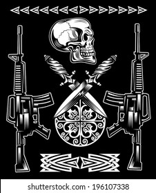 The vector image of skull with the rifles and daggers