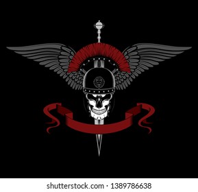 Vector image of a skull in a roman helmet with a sword, wings, ribbon. Image on black background.