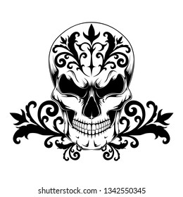 Vector image of a skull with tattoo pattern. Black and white image on a white background.