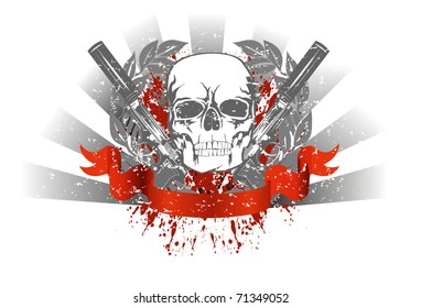 Vector image skull with two pistols and red ribbon