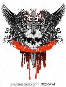 Vector image skull with wings, patterns and ribbon