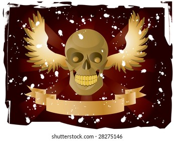 Vector image of skull with wings and ribbon.