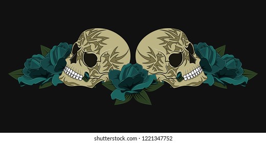 Vector image of skulls with blue roses.