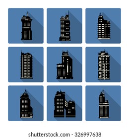 A vector image of a skyscraper flat icon set.
Vector Buildings at night Icon set.
City building illustration open for business during the late evening.