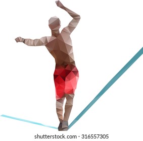 Vector image of slackliner walking on the line with arms lifted, balancing, trying not to fall. 
