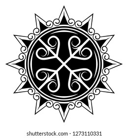 Vector the image of a slanting cross and the stylized heart. Sketch of a tattoo. European style. Religious patterns. Black tribal tattoo. Vector illustration.