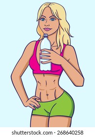 Vector image of a slender girl with a sports figure.Sports girl drinks water