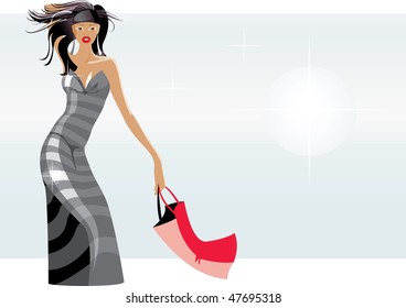 imagen vectorial de una mujer delgada con bolsa después de la compra