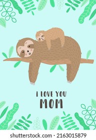 Vector image of a sleppy sloth with baby on the branch in the leaves frame. Hand-drawn cartoon illustration for child, tropical summer, holiday, card, banner, print, mother's day, mom, poster, hugs