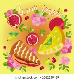 Vector image with slices of pomegranate pie and pie grape and fruit on a yellow-orange gradient background