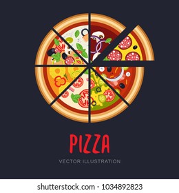 Vector image of slices set of italian pizza for advertising of restaurant business