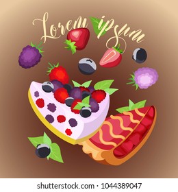 Vector image with slices of strawberry pie and pie with souffle and fruit on a brown gradient background