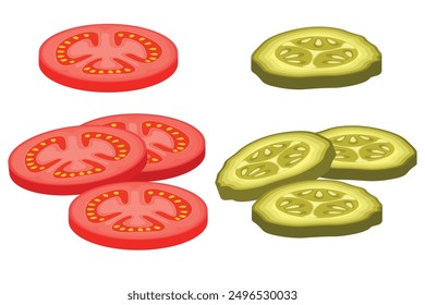 Vector image of slices of tomatoes and cucumbers. Concept of food and ingredients for cooking. Element for your design